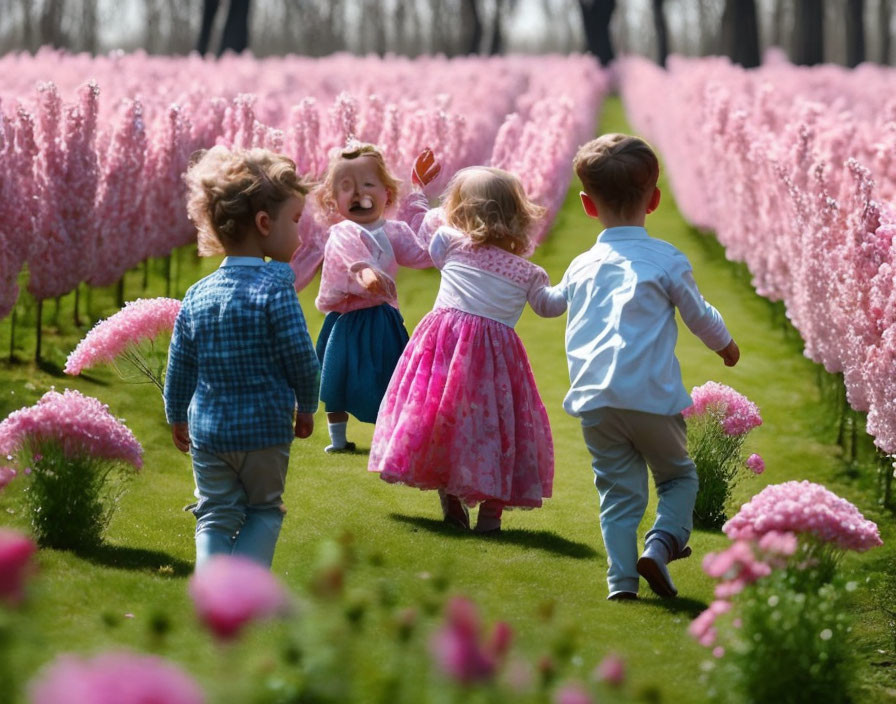 Four children playing among vibrant pink flowers on a sunny day