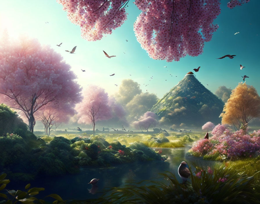 Tranquil landscape with river, flowering trees, birds, and mountain