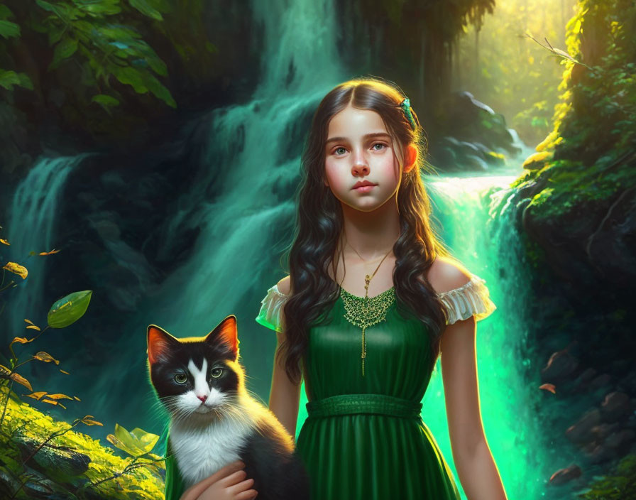 Young girl in green dress with black and white cat by lush waterfall