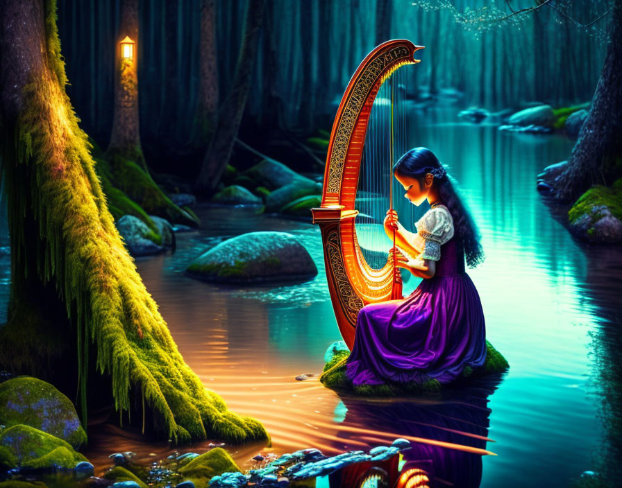 Girl in purple dress playing harp by lantern-lit stream in mossy forest