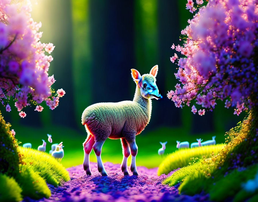 Fluffy llama with bunnies in pink forest scene