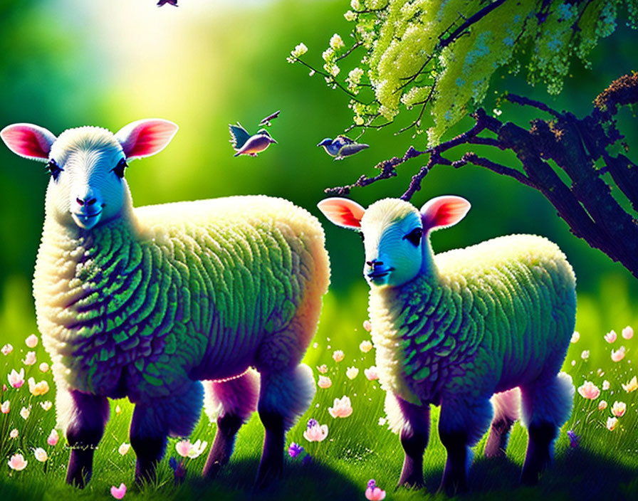 Colorful cartoon sheep in vibrant meadow with flowers and birds.