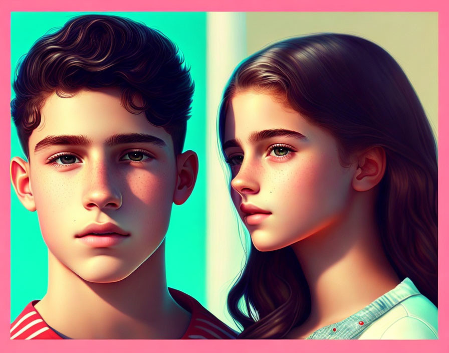 Detailed digital art portrait of boy and girl with vibrant colors and youthful expressions