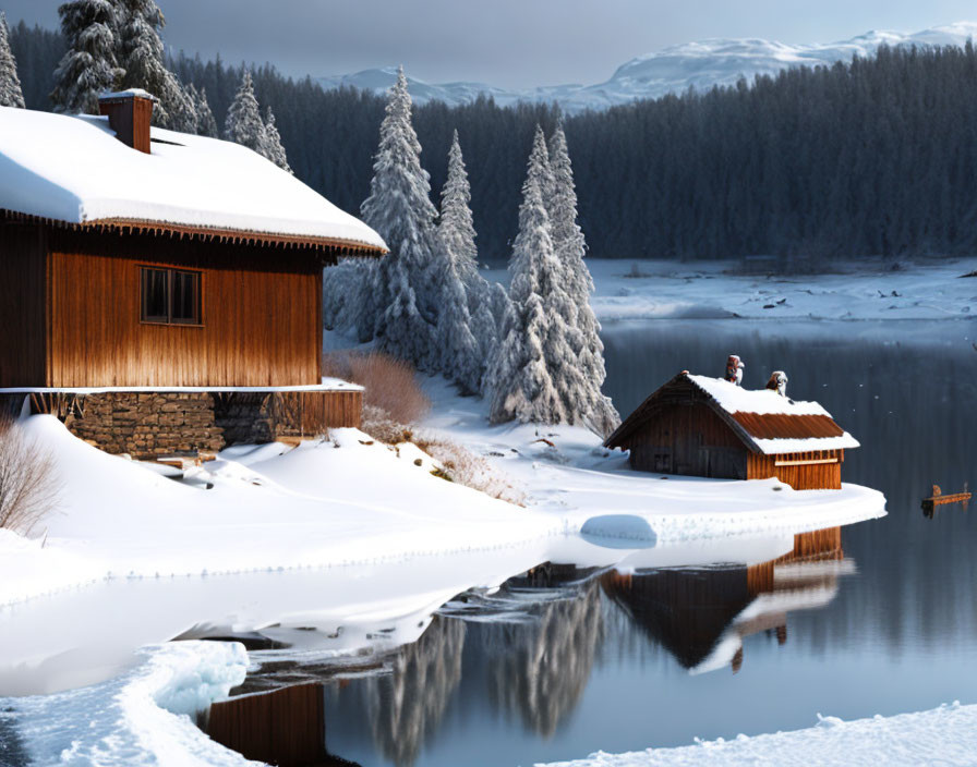 Snow-covered chalets by a calm lake in serene winter scene