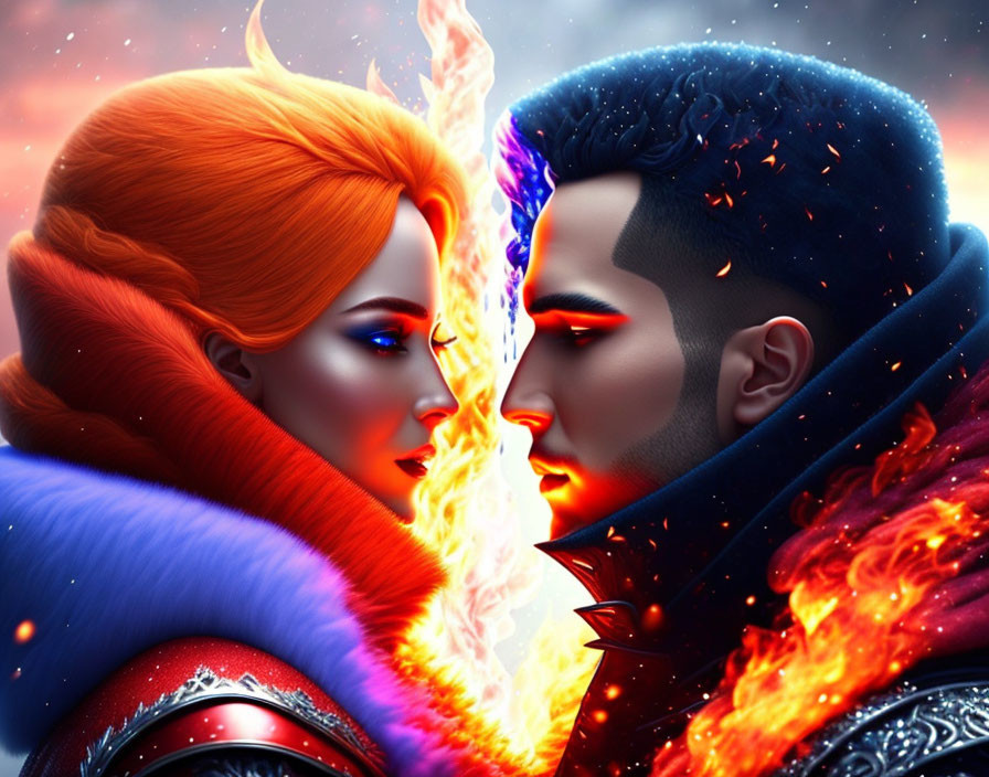 Stylized characters with fire and ice powers in vibrant clash