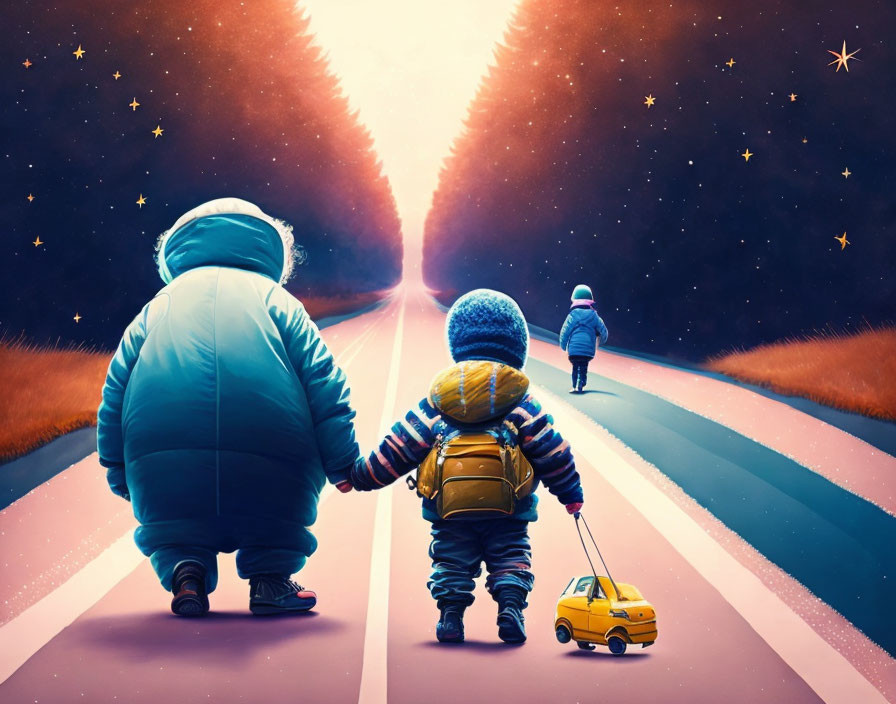 Two people in warm attire on starlit road with pink stripes, one pulling toy car towards glowing horizon