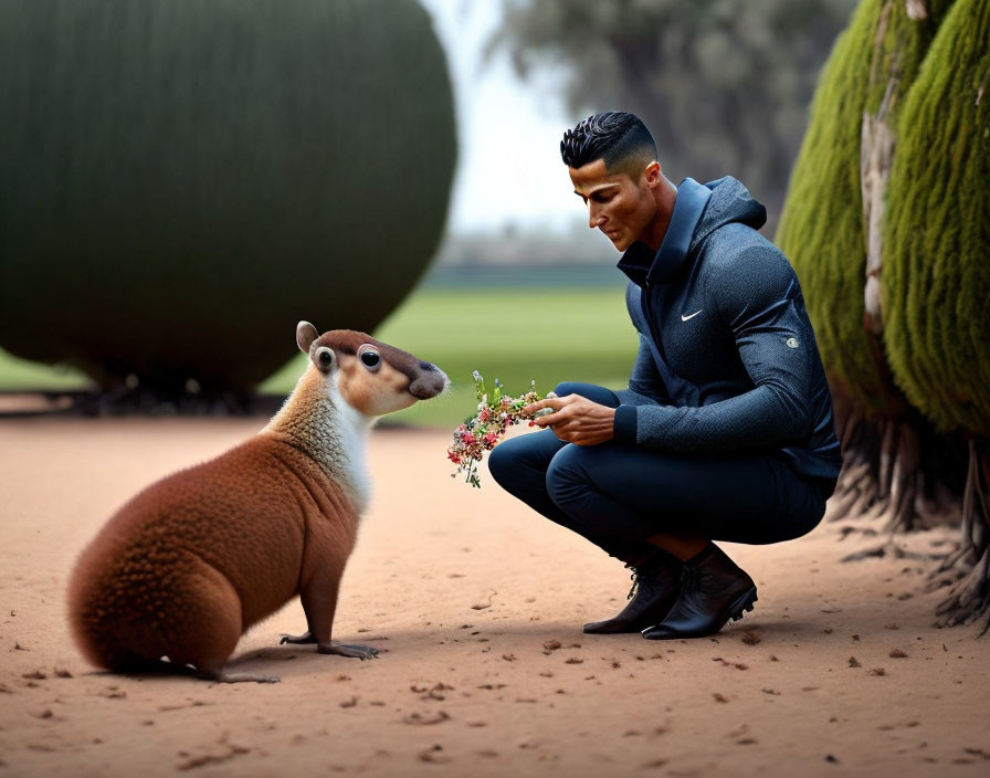 Man crouching presents flowers to anteater in whimsical outdoor scene