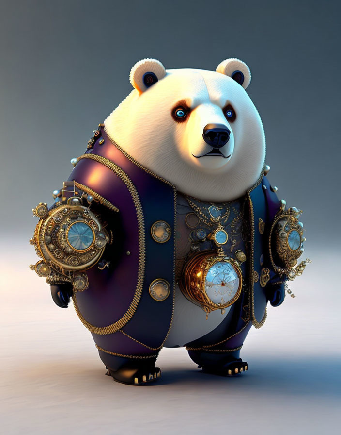 Steampunk Panda 3D Illustration with Gold-Trimmed Gear