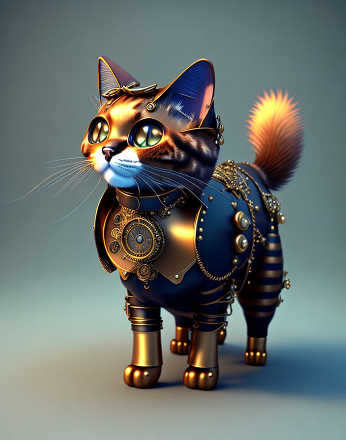 Steampunk Cat Digital Artwork with Ornate Armor & Mechanical Details