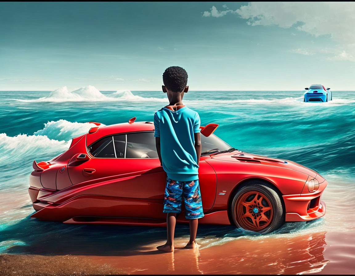 Boy by Red Sports Car at Shore with Crashing Waves and Floating Car