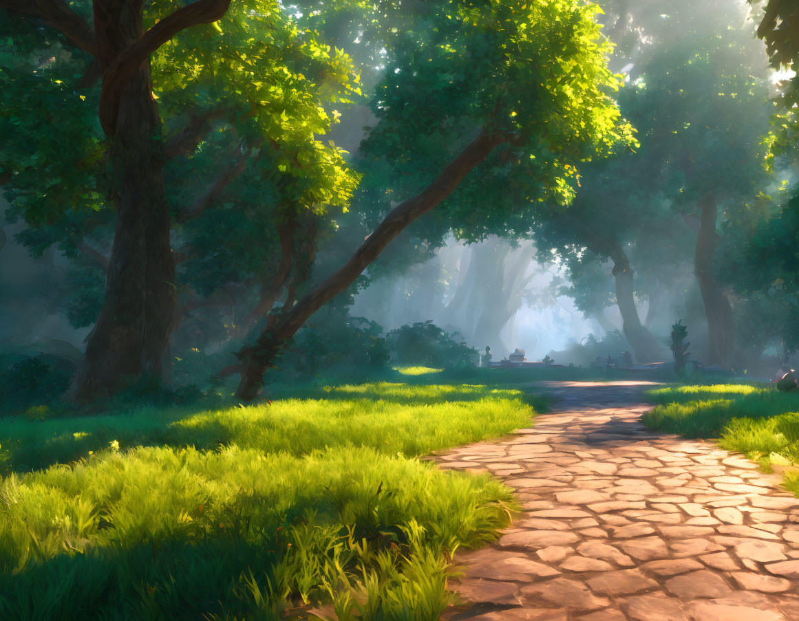 Tranquil forest scene with sunlight on cobblestone path