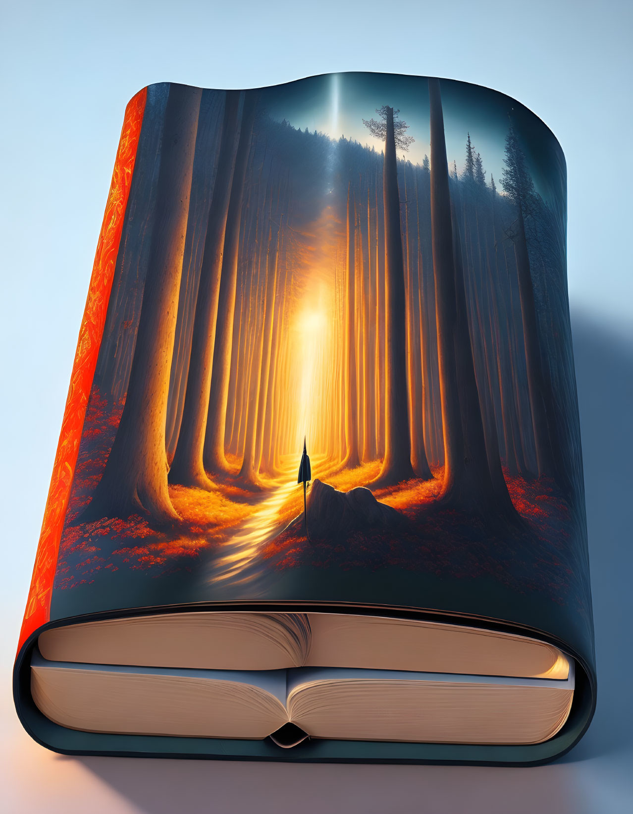 Illustrated magical forest scene in open book pages