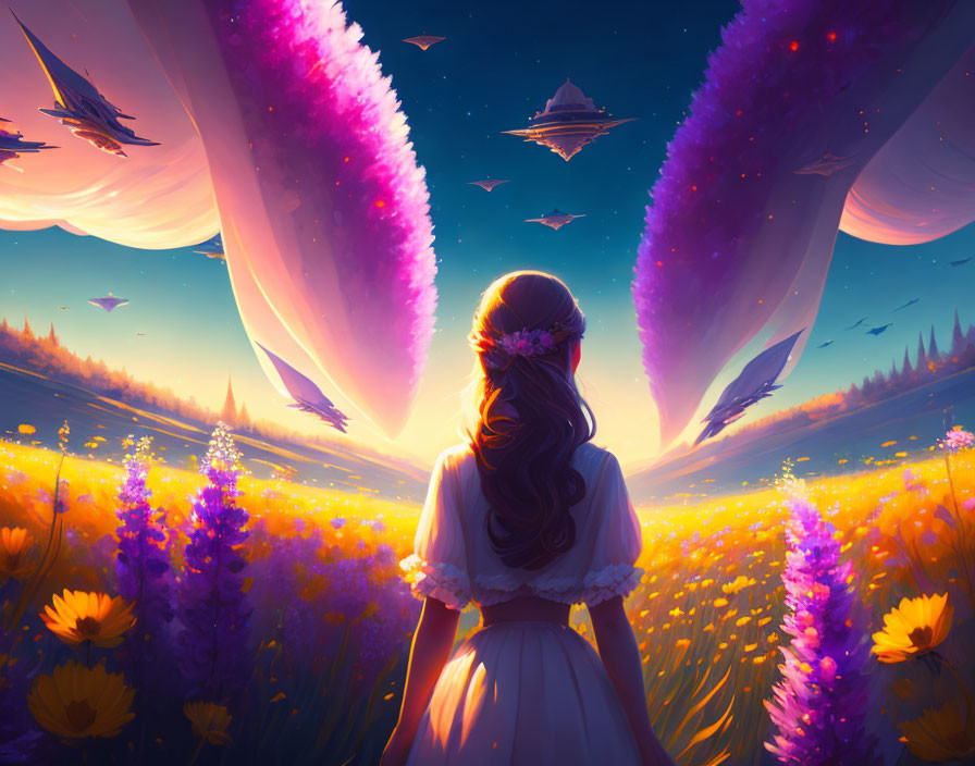 Girl in vibrant field at sunset with surreal crystals and floating ships