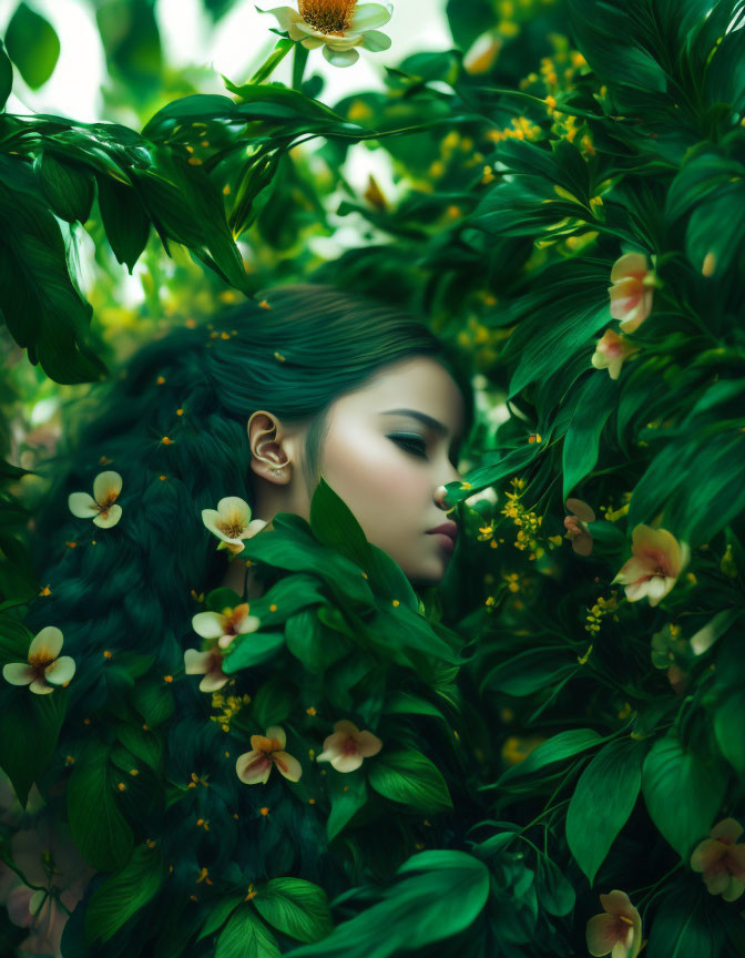 Portrait of woman in serene nature setting with lush green foliage and delicate flowers.