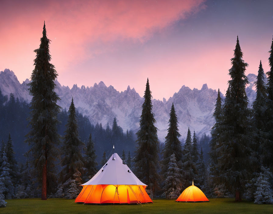 Glowing teepee-style tent in snowy mountain camping scene