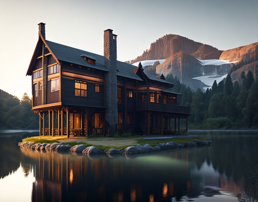 Spacious wooden cabin by lake, forest, snow-capped mountain at twilight