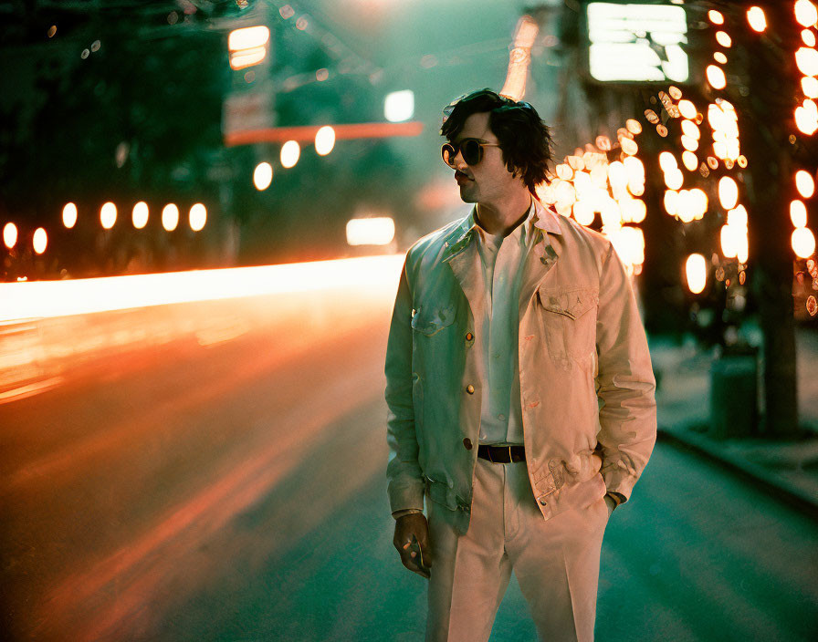 Man in white outfit on city street at night with car light streaks