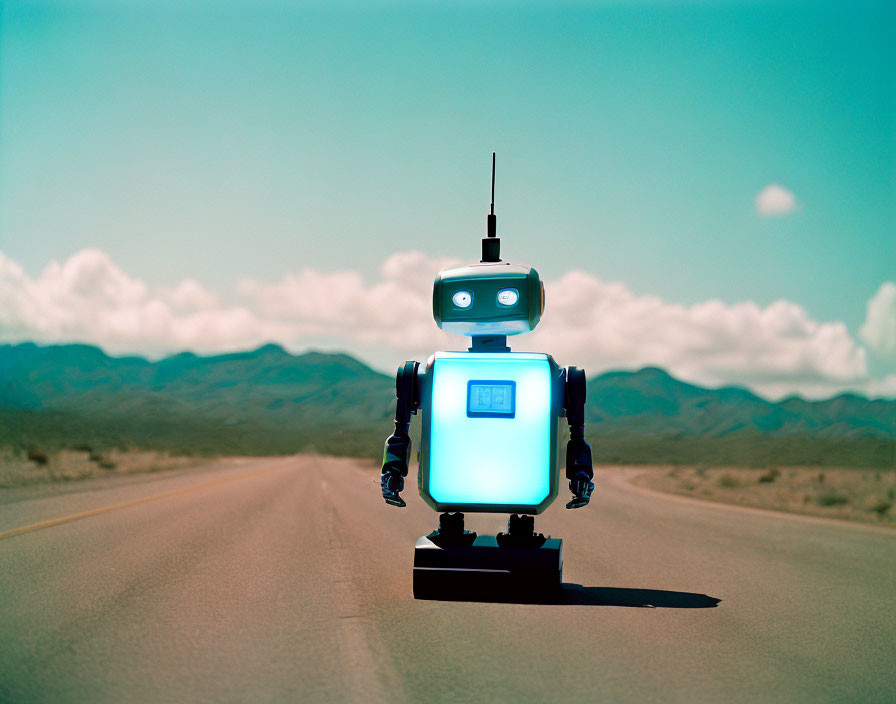 Digital screen robot on deserted road under clear blue sky