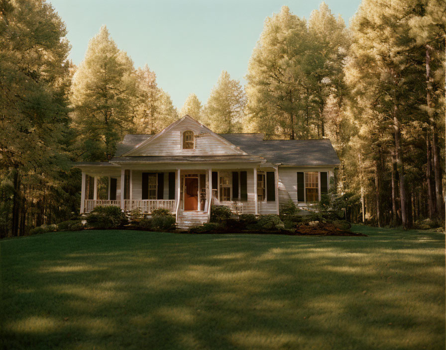 White House with Porch Surrounded by Pine Trees