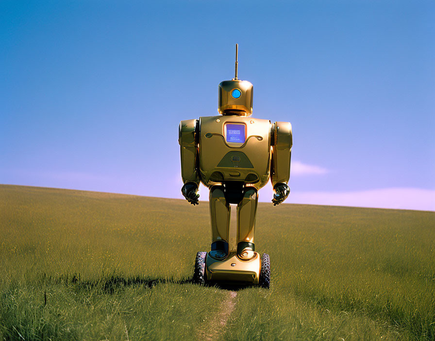 Golden humanoid robot walking on grassy hill under clear blue sky