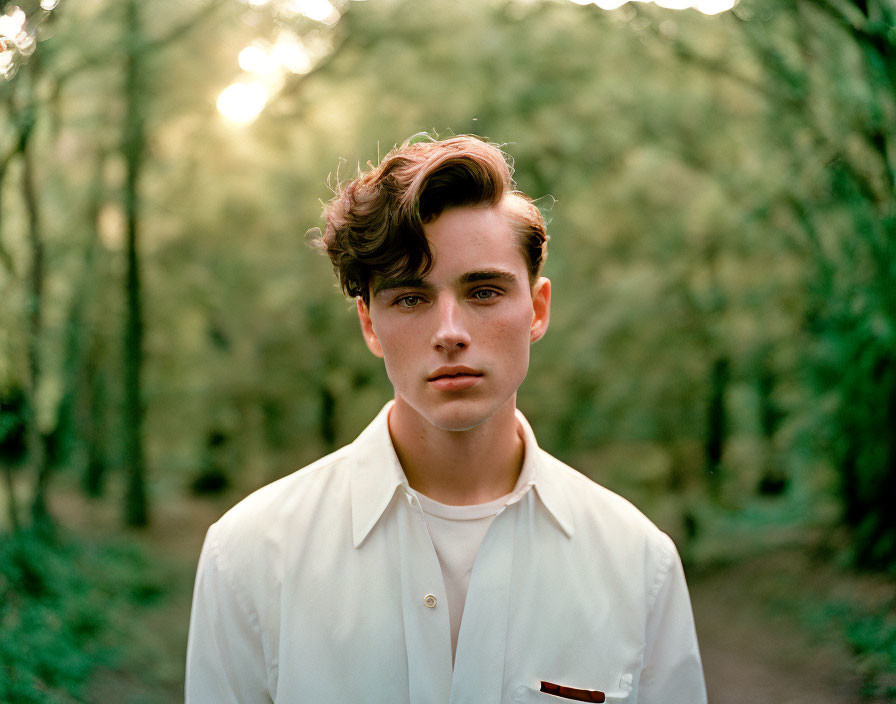 Young man with wavy hair in serene forest setting