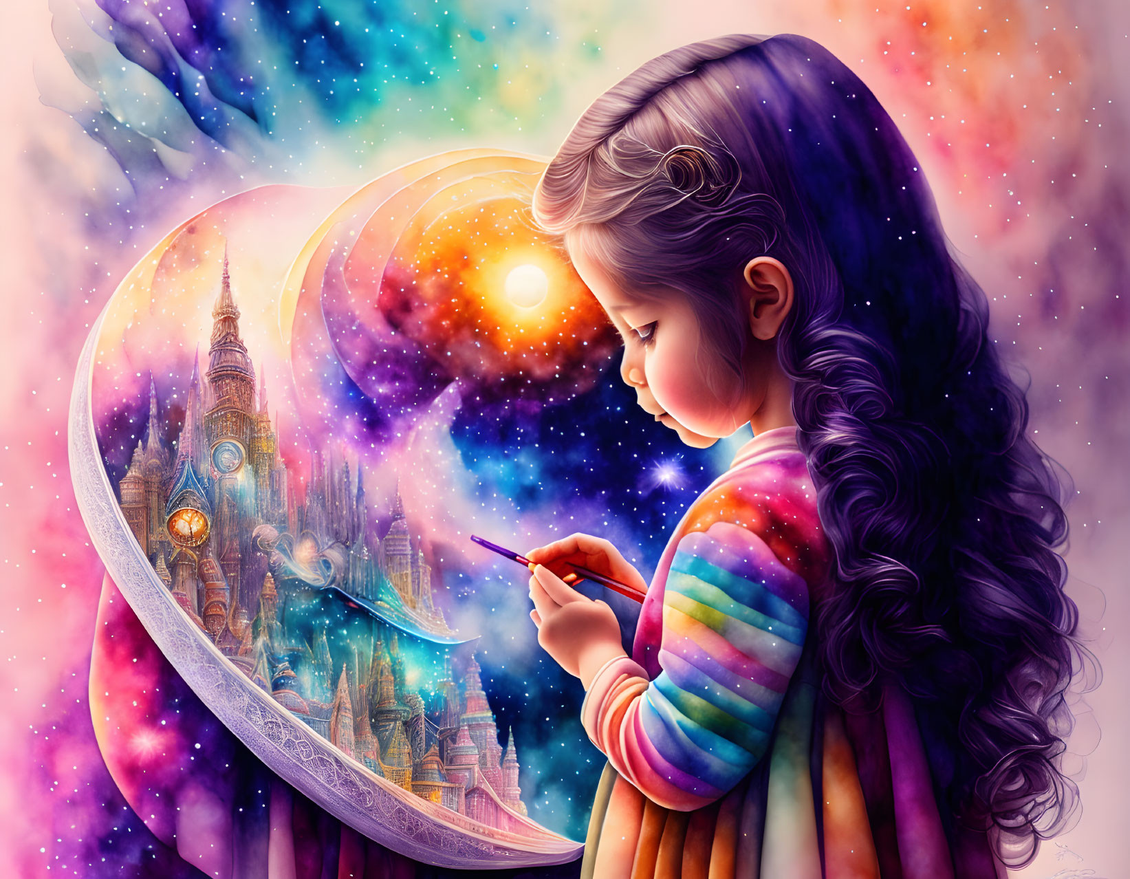 Girl painting vibrant fantasy world with castle on cosmic background