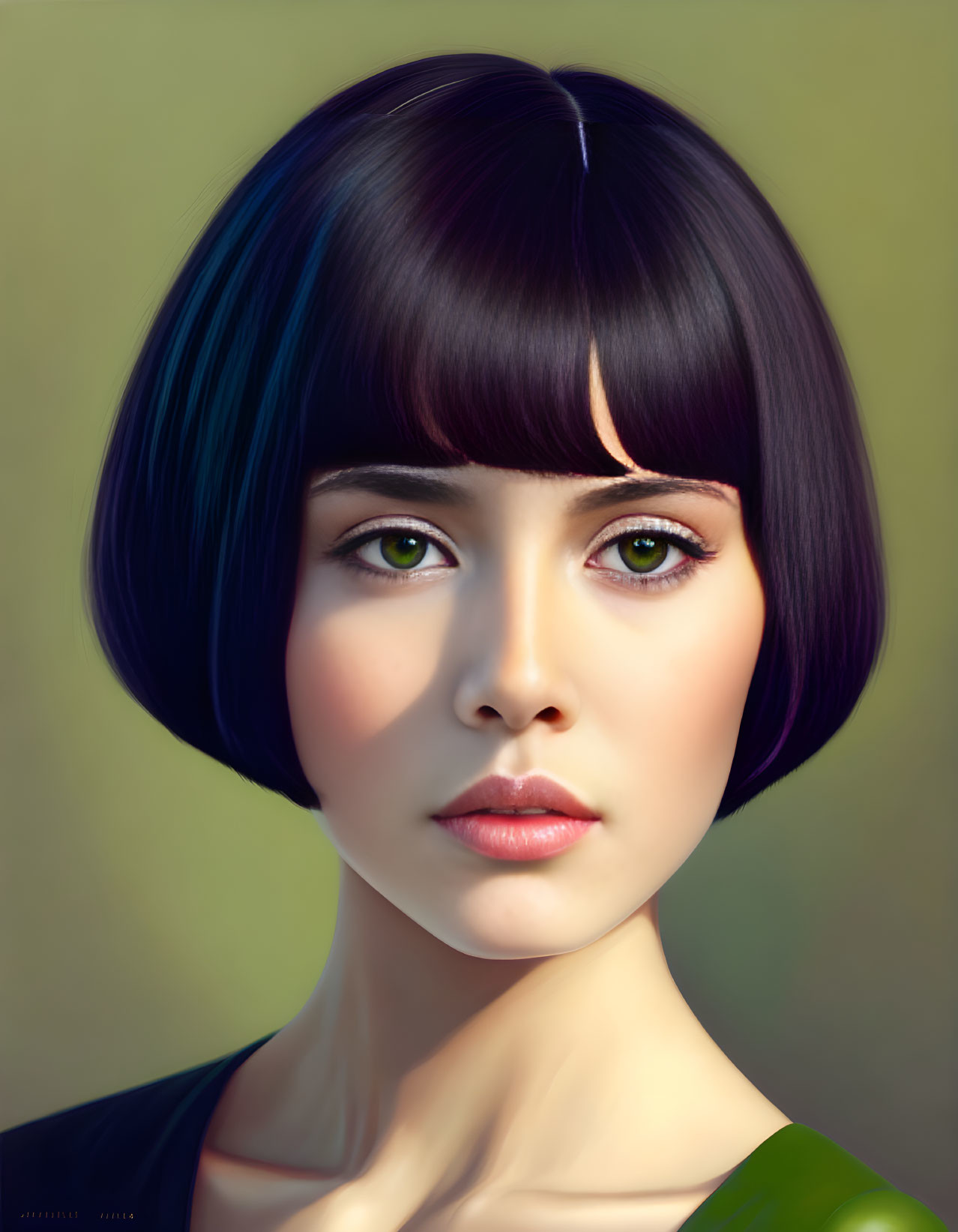 Digital portrait of woman with bob haircut and green eyes on gradient background