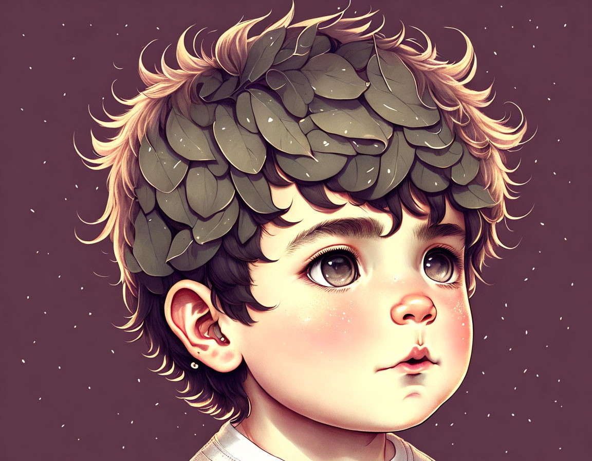 Child with Leafy Hair and Expressive Eyes in Starry Background