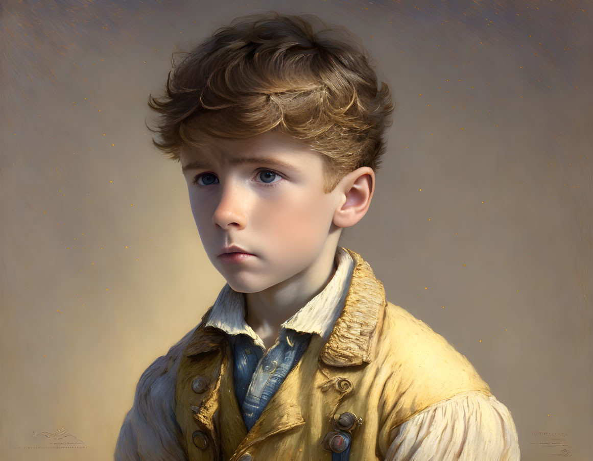 Young boy with curly hair in vintage yellow jacket on beige background