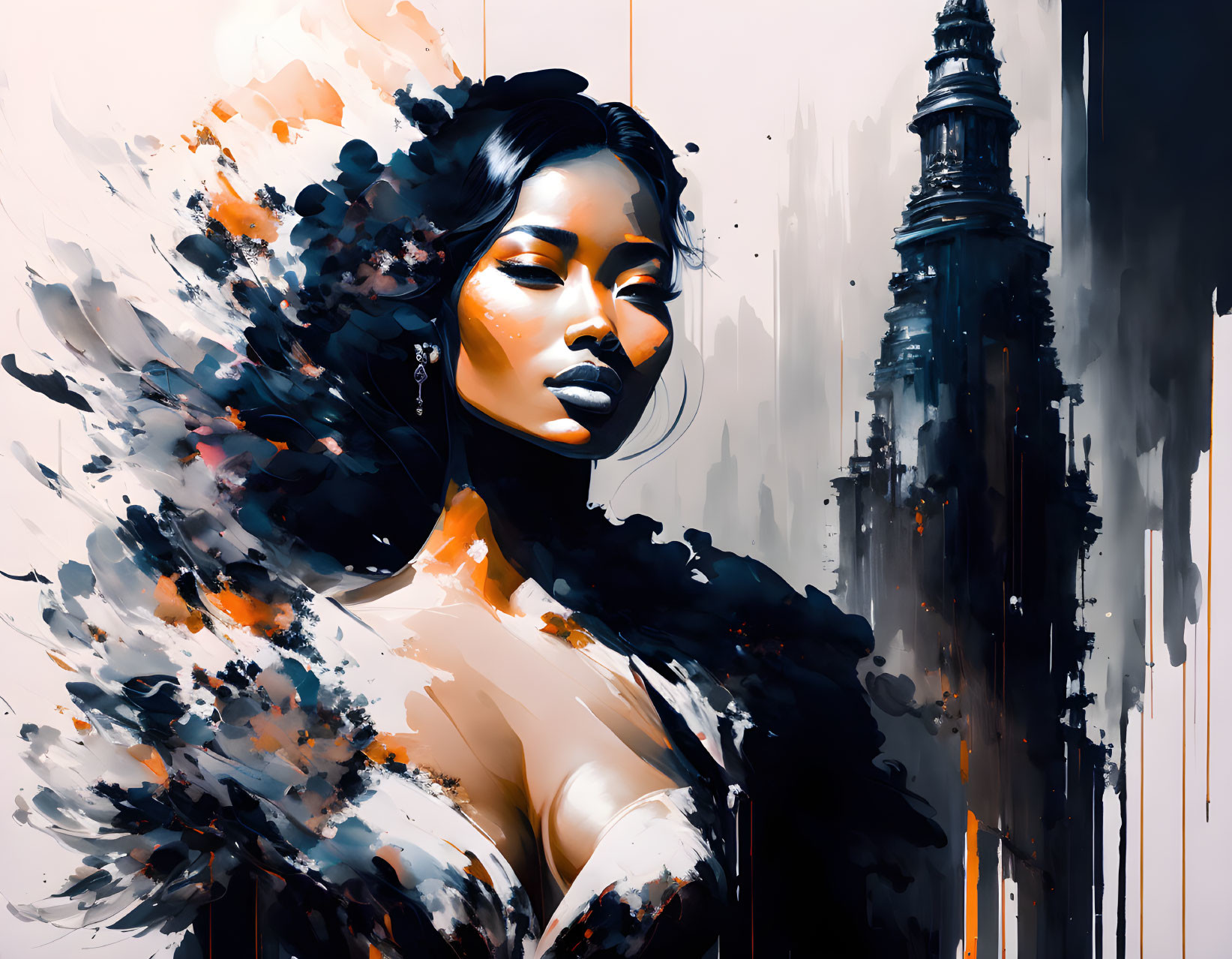 Abstract woman portrait blending with urban landscape in art.