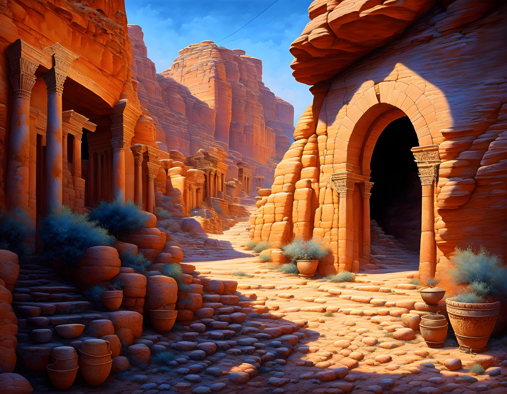 Ancient canyon with red rock walls and pottery-lined corridor