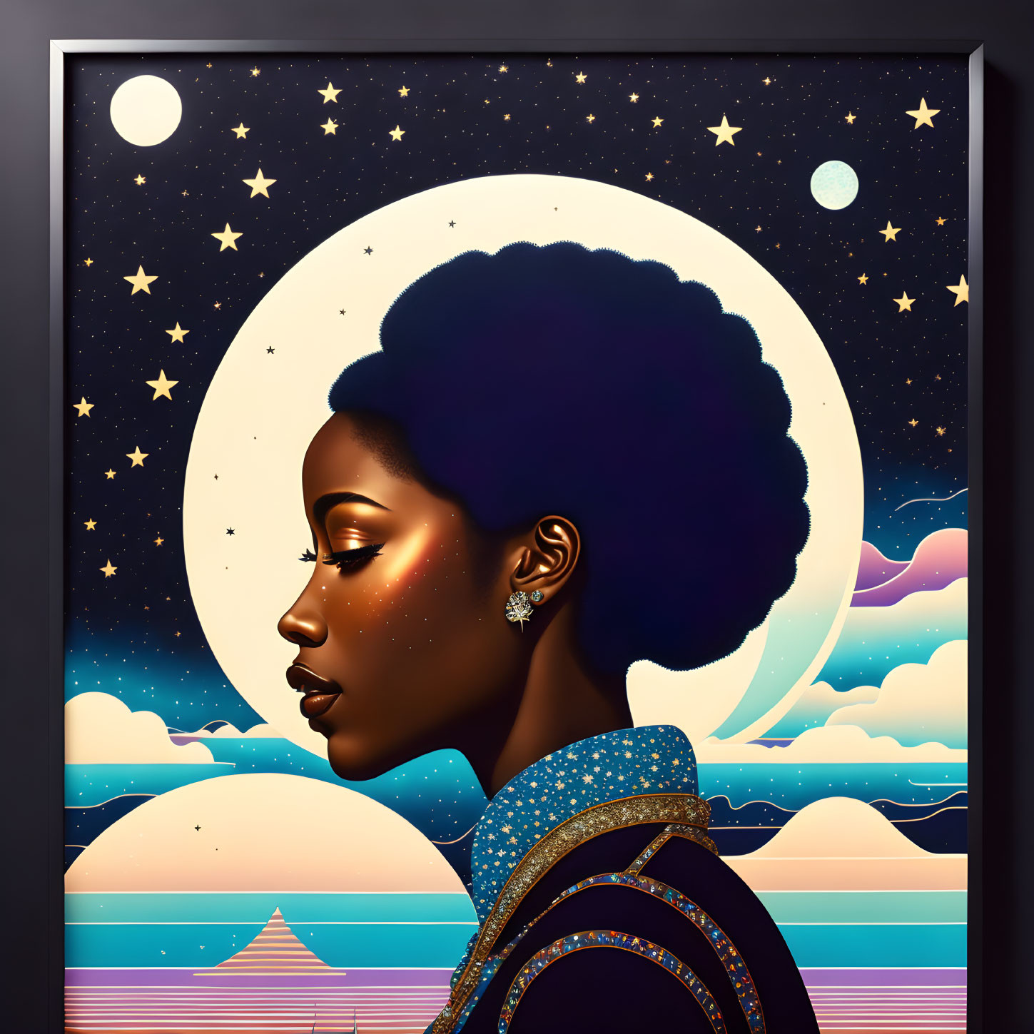 Woman with Afro in Cosmic Portrait Against Moonlit Sky