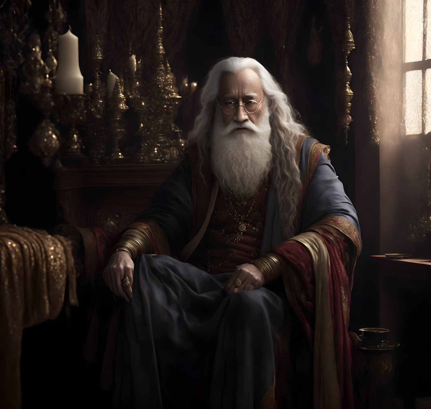 Elderly man with long white beard in regal attire in ornate room