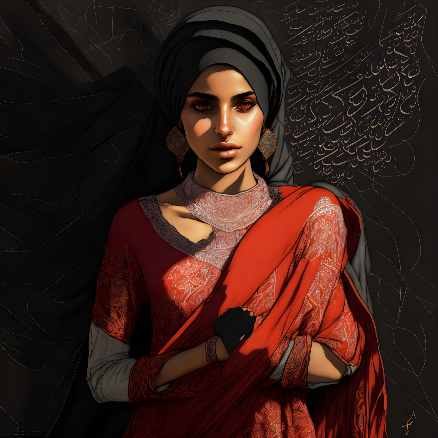 Digital Artwork: Woman in South Asian Attire with Headscarf and Calligraphy