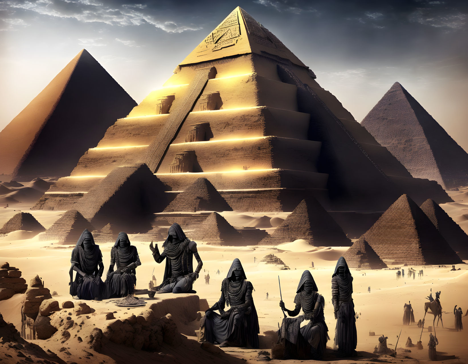 Robed figures at Great Pyramids of Giza with dramatic sky