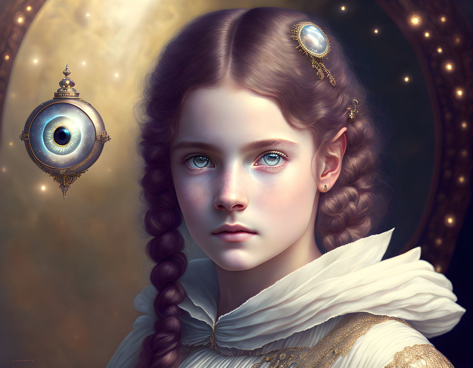 Digital painting: Girl with blue eyes, braided hair, and floating mechanical eye in Victorian/Ste