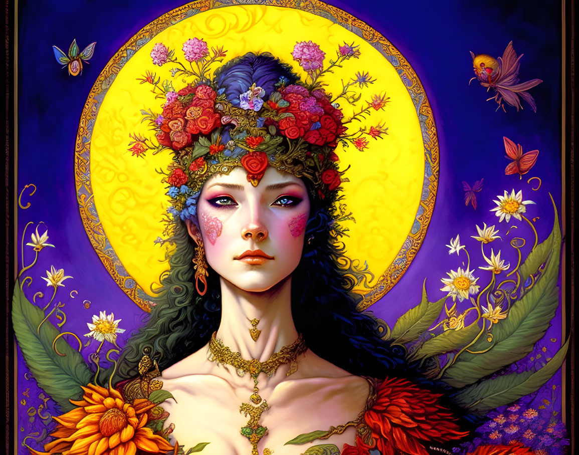 Vivid illustration of woman with floral crown and butterflies