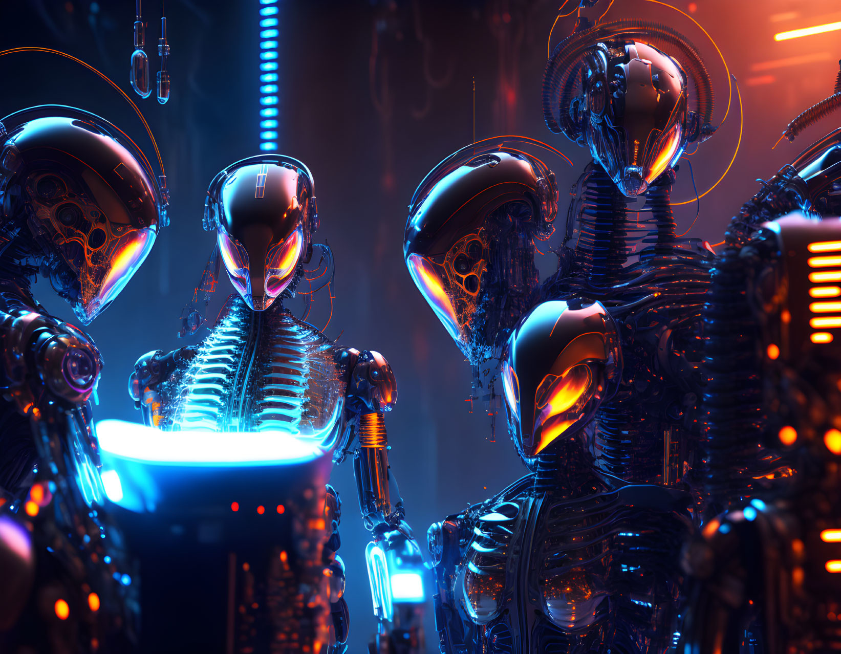 Futuristic robotic figures with humanoid features around glowing blue light