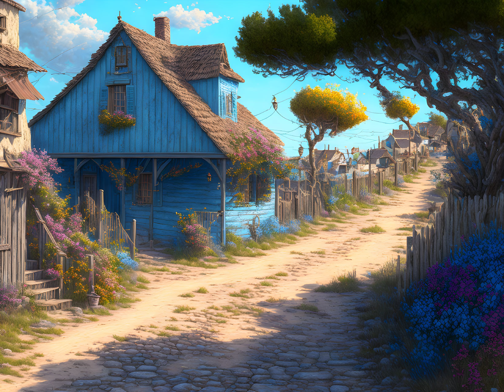 Tranquil village scene with blue wooden house, dirt road, lush greenery, blooming flowers