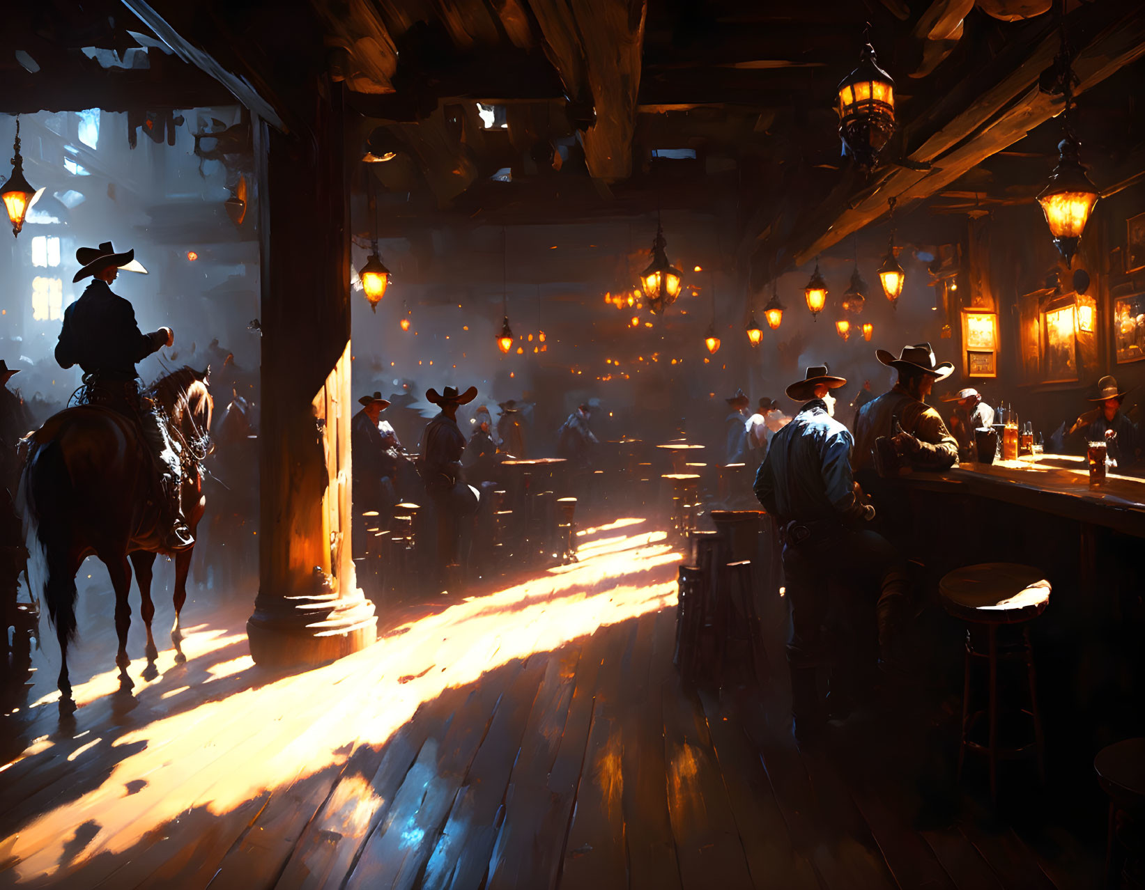 Western Saloon Scene with Cowboys, Horse Rider, Lanterns, Bar, and Wooden Architecture