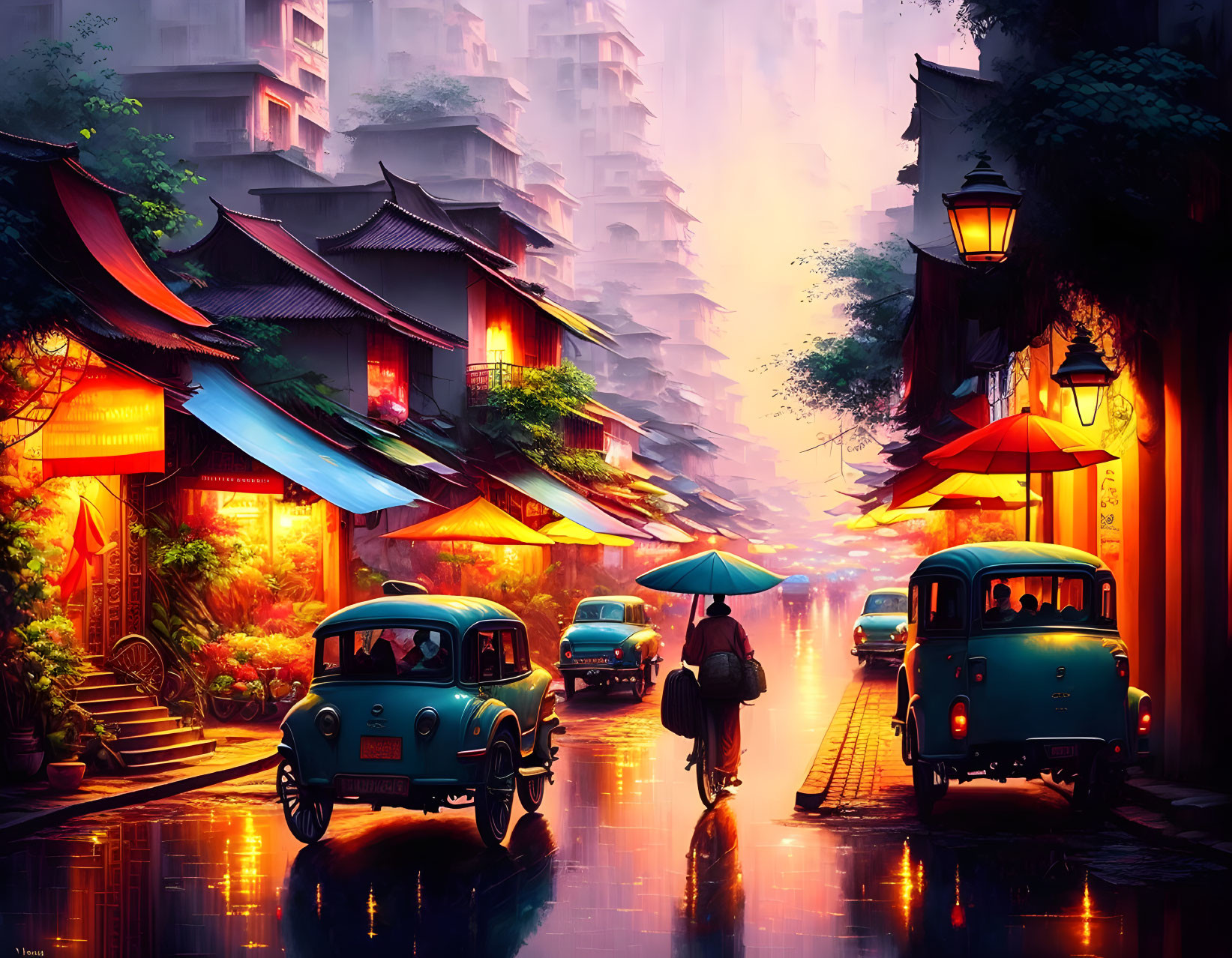 Traditional architecture, vintage cars, and glowing lanterns in a vibrant street scene