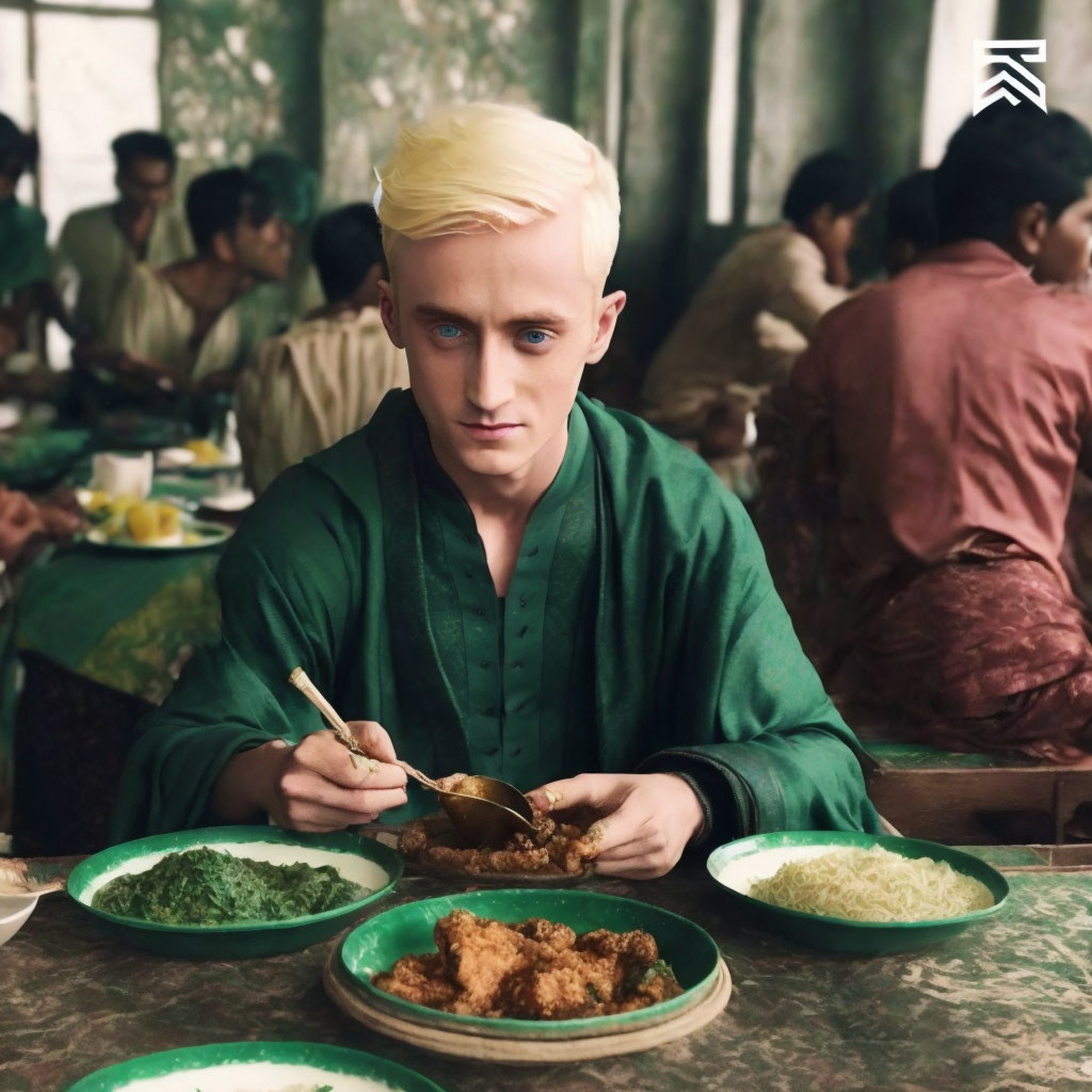 Platinum Blonde Person in Green Kurta Eating in Crowded Room