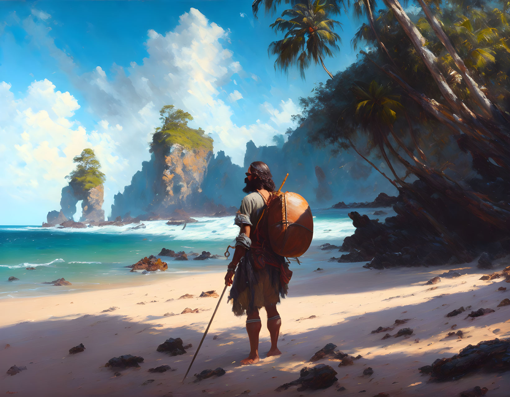 Warrior with shield and spear on tropical beach landscape