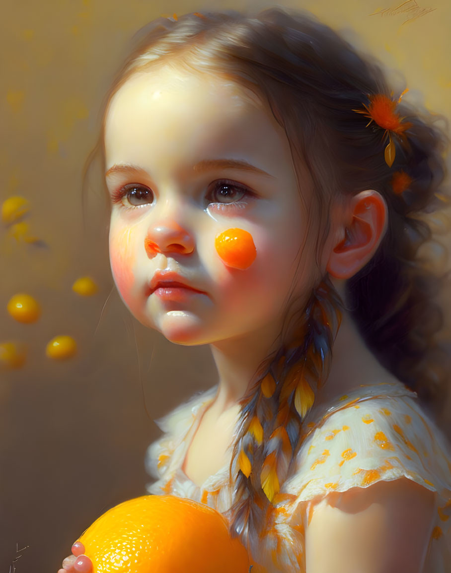 Digital Artwork: Young Girl with Braided Hair Holding Orange