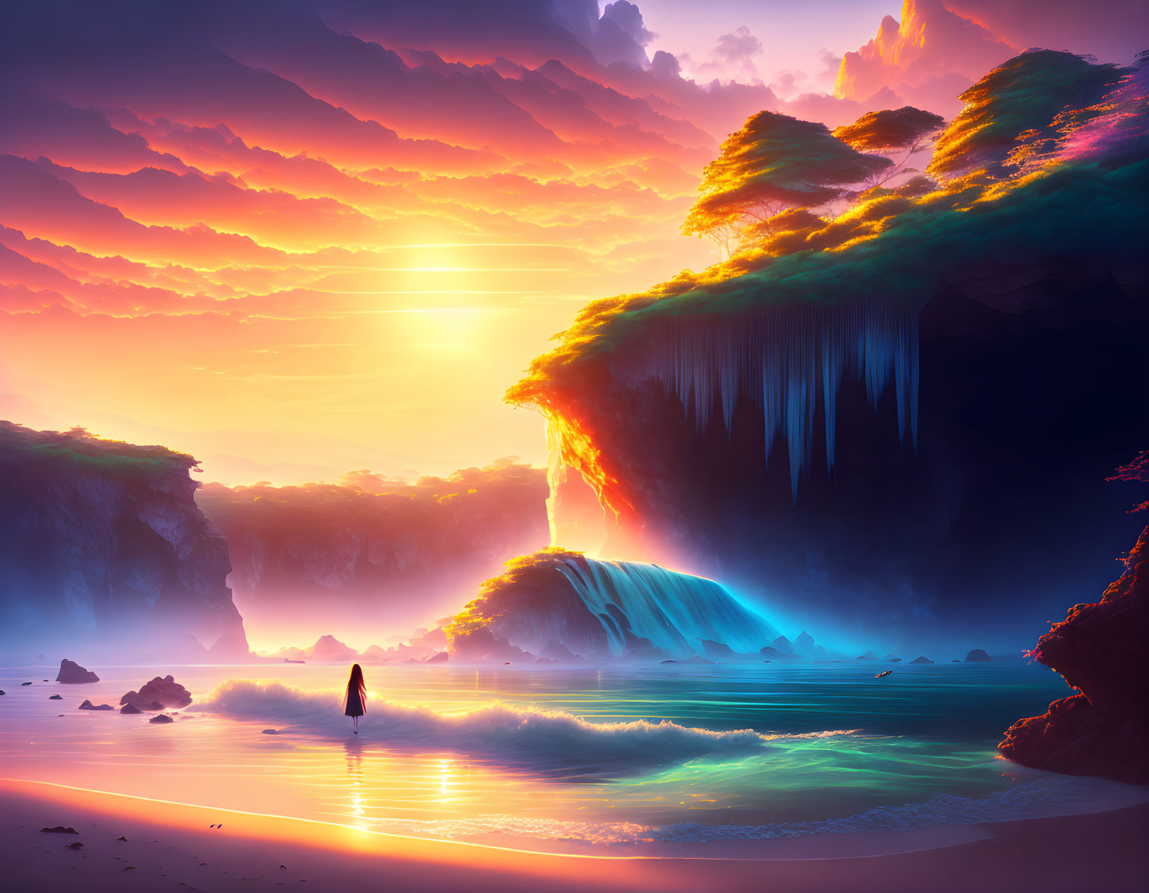 Fantastical landscape with waterfall, figure, iridescent cliffs, colorful sunset sky