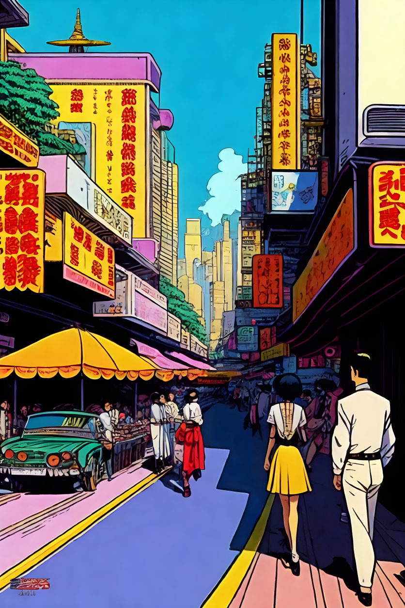 Colorful city street scene with neon signs, pedestrians, and vintage car