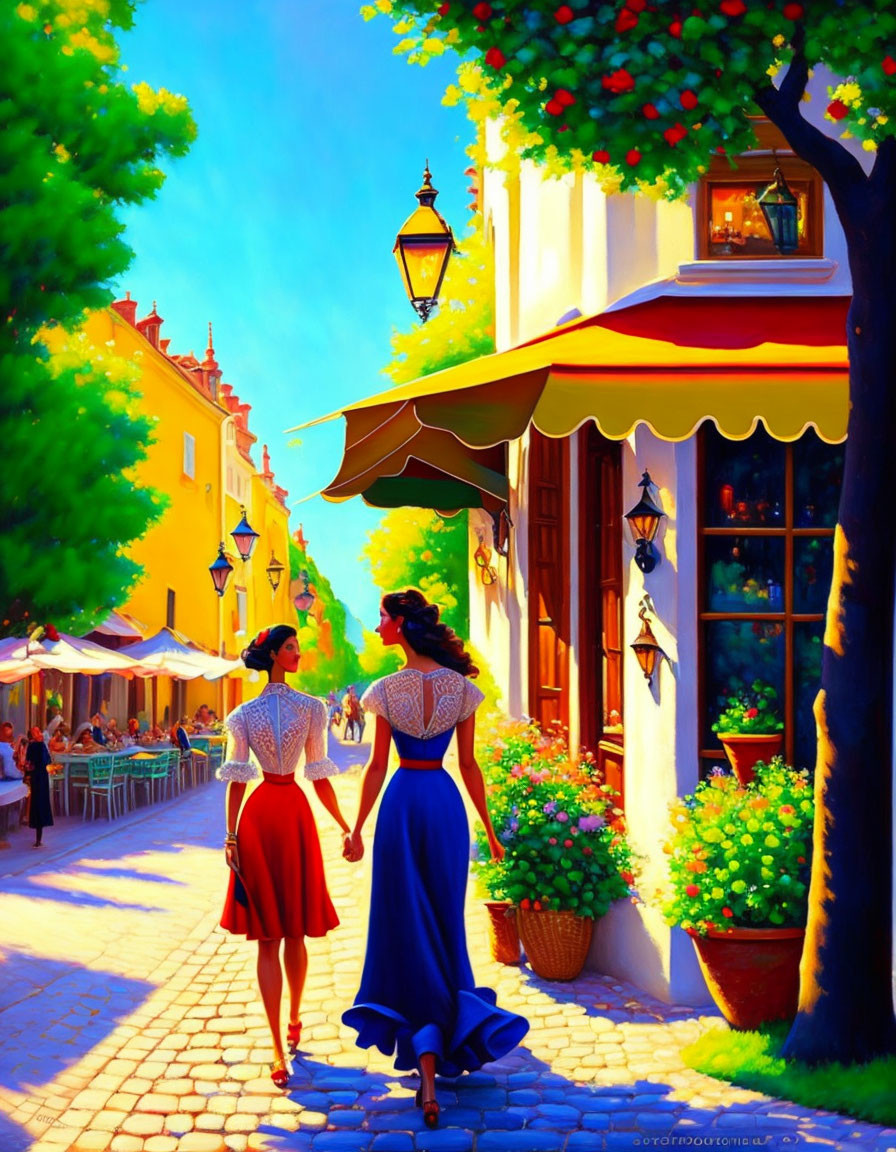 Vibrant street scene with two women in colorful dresses