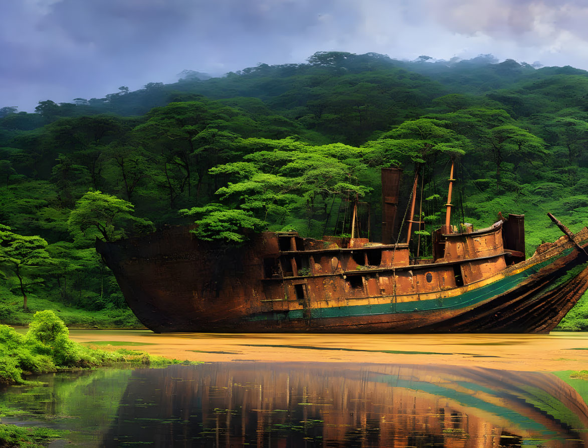 Rusted shipwreck near lush forest under hazy sky