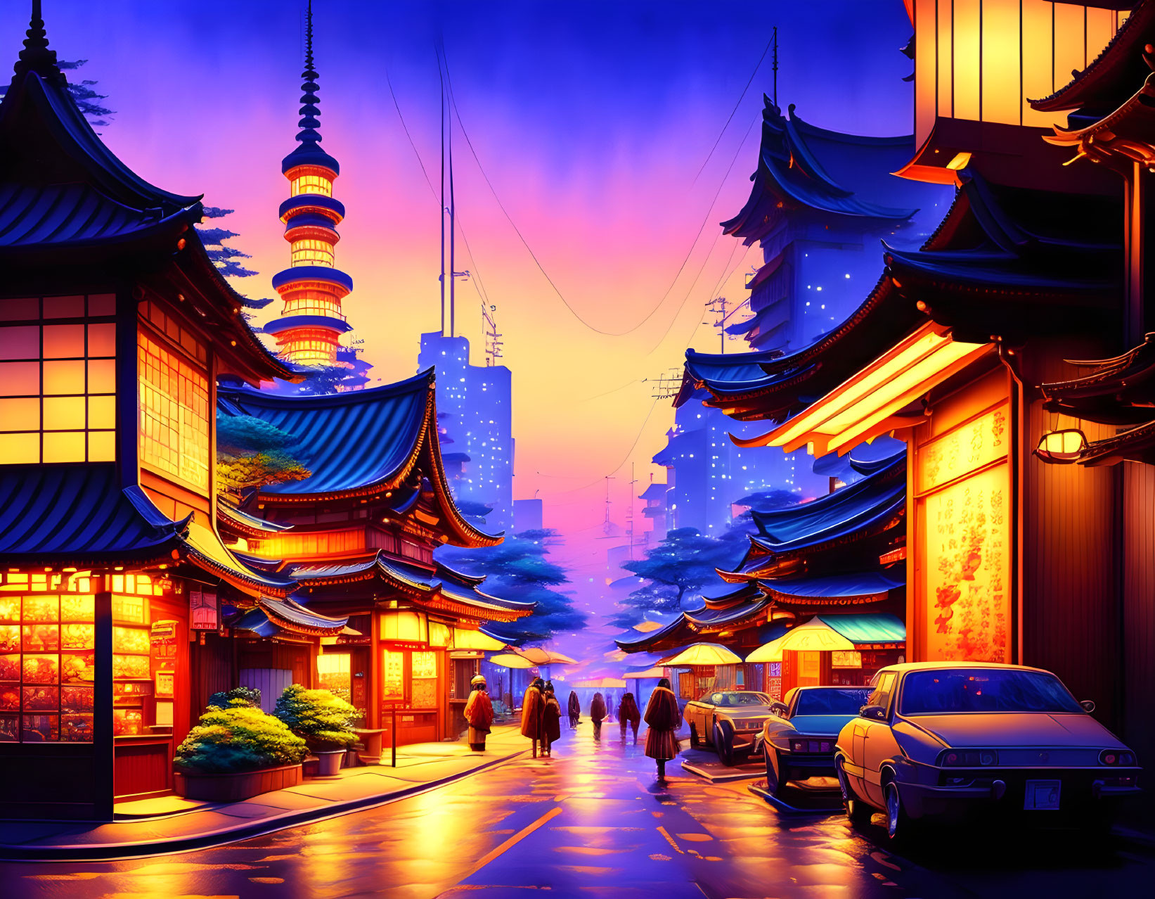 Traditional Japanese architecture meets modern skyscrapers in a vibrant dusk street scene