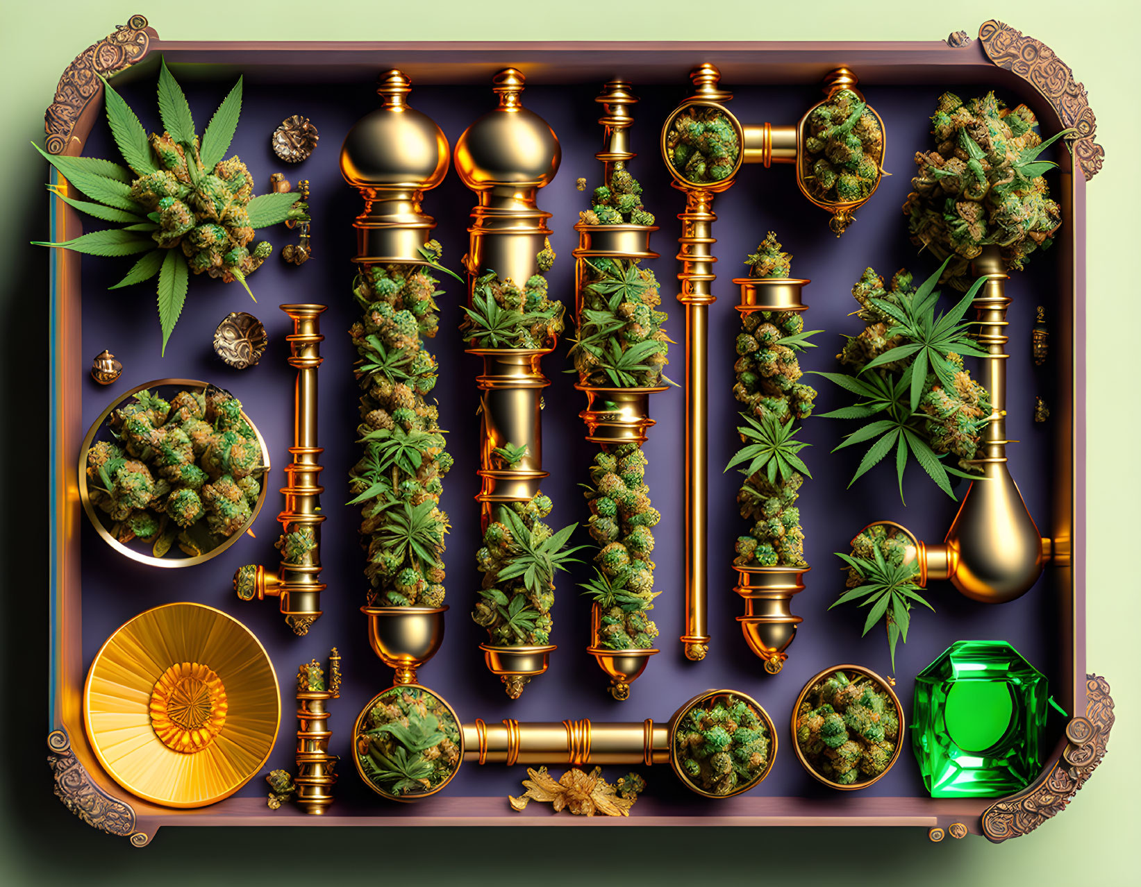 Luxurious Gold and Green Cannabis Display on Purple Background